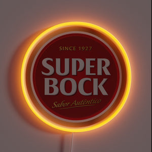 Authentic vintage-inspired Super Bock logo in vibrant RGB neon lights
