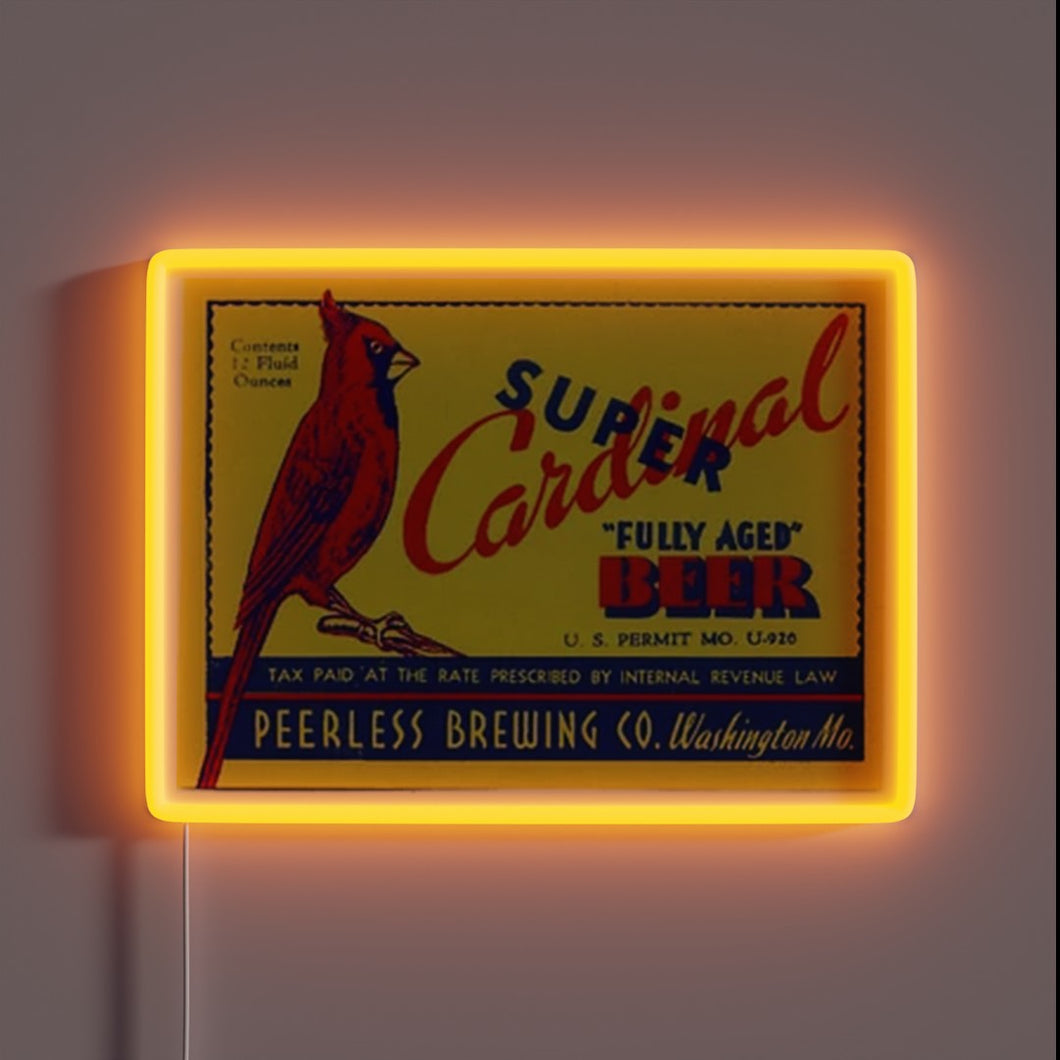 Vibrant LED display features illuminated Super Cardinal Beer logo design.