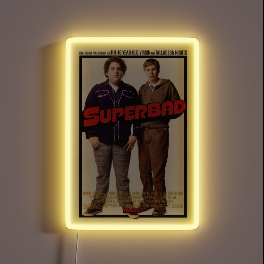 Bring legendary laughs to your wall with this **Superbad** neon-framed poster. 🍻✨ The ultimate tribute to awkward teenage adventures, iconic one-liners, and unforgettable high school nights. Perfect for movie buffs, man caves, or your next party backdrop.