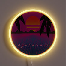 Load image into Gallery viewer, Neon-lit synthwave sunset scene with palm trees and retro gridlines — perfect for 80s vibes and chill interiors.