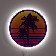 Load image into Gallery viewer, Retro palm tree silhouette set against a vibrant synthwave sunset, framed in neon — pure 80s Miami aesthetic.