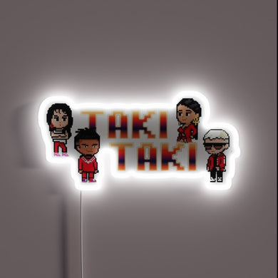 Vibrant Taki Taki logo in colorful RGB neon lighting display.