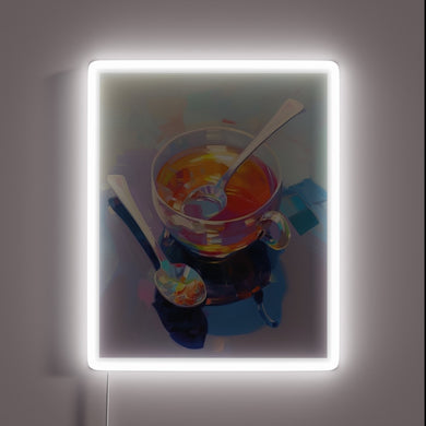 Steeped in tranquility: Whimsical still life oil painting with neon accents.
