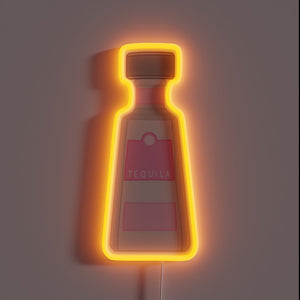 Vibrant neon tequila bottle sign with colorful RGB lighting accents.
