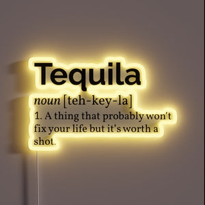 Vibrant LED sign defines tequila culture in bold, colorful style.