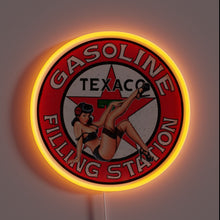 Load image into Gallery viewer, Texaco vintage neon sign with pin-up girl and red glow.
