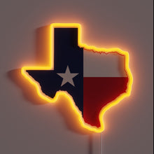 Load image into Gallery viewer, Texas state neon sign with flag design and orange glow.