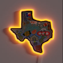 Load image into Gallery viewer, Texas pride in full glow — this neon sign captures the Lone Star State with boots, tacos, football, and that unmistakable attitude.