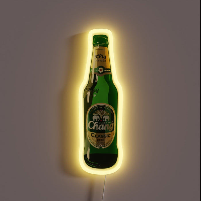 Neon RGB Sign Illuminates Authentic Thai Chang Beer Bottle Logo