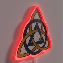 Load image into Gallery viewer, Muted glow of Celtic-inspired triquetra symbol in vibrant neon.
