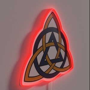 Muted glow of Celtic-inspired triquetra symbol in vibrant neon.
