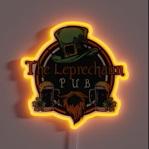 Luminous Irish-themed pub decor featuring a colorful shield design.