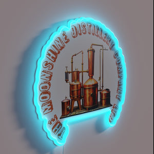 Vibrant Neon Sign Featuring Iconic Moonshine Distillery Company Logo Illumination.