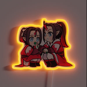Vibrant LED neon art piece featuring the Wen siblings in color.