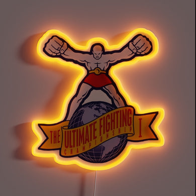 UFC 1 neon sign with fighter and globe design.