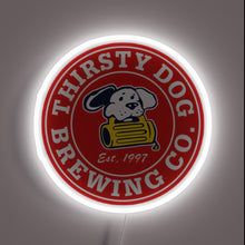 Load image into Gallery viewer, Thirsty Dog Brewing Co. neon sign with cartoon dog and beer barrel.