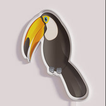 Load image into Gallery viewer, Toco Toucan RGB neon sign, side view with lights off showing acrylic backing and LED tube