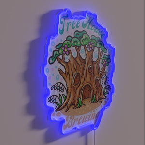 Neon RGB sign featuring a whimsical treehouse brewery design