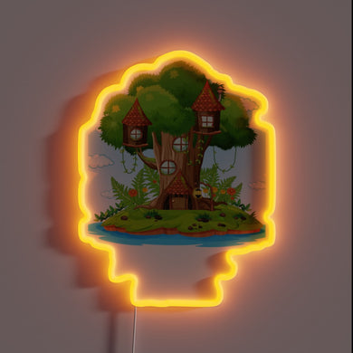Vibrant RGB neon sign illuminating Tree House Brewing's beer haven ambiance.