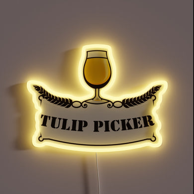 Vibrant Tulip Picker inspired neon sign with colorful radiant glow accents.