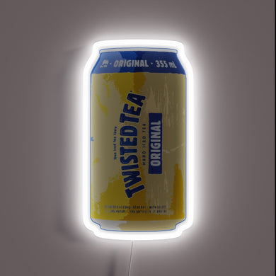 Alt text: Neon Twisted Tea can with white glow, yellow body, and blue 