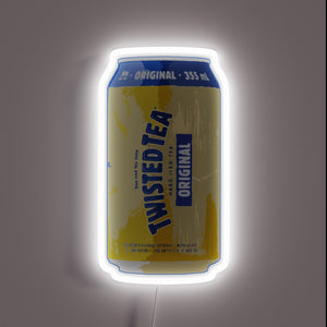 Alt text: Neon Twisted Tea can with white glow, yellow body, and blue 