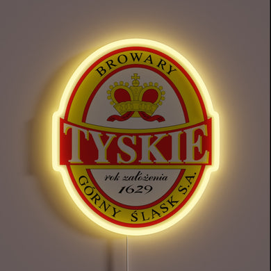 Vibrant Neon Sign Featuring Iconic Tyskie Polish Beer Brand Logo