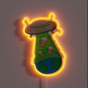 Neon glow advertises extraterrestrial themed beer establishment in vibrant colors.
