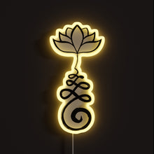 Load image into Gallery viewer, Unalome With Lotus RGB neon sign, front view lit, printed on acrylic
