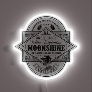 Vintage-inspired Duke Boys' moonshine still neon sign in worn colors.