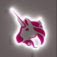 Load image into Gallery viewer, Alt text: &quot;Neon sign of a pink and white unicorn head, representing the Uniswap crypto logo, glowing with a white outline.&quot;
