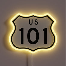 Load image into Gallery viewer, Alt text: &quot;US Route 101 highway sign outlined with a glowing yellow neon light.&quot;
