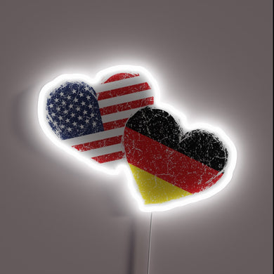 Glowing German and American heart flag symbol neon light decoration