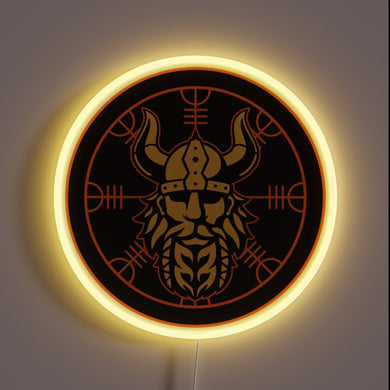 Viking-inspired decor with glowing Helms of Awe symbol ambiance.