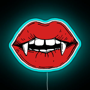 Vampire red lips on black background RGB neon sign lightblue 