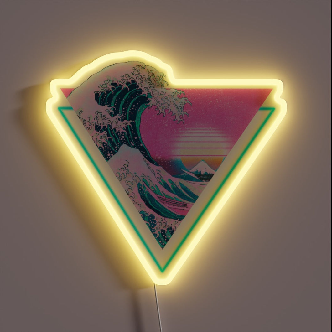 This neon sign merges *The Great Wave off Kanagawa* with a vaporwave aesthetic — complete with sunset gradients and a glowing triangle frame. It’s a perfect blend of Japanese art and retro-futuristic vibes.