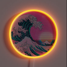 Load image into Gallery viewer, Vaporwave Great Wave neon sign with retro sunset.
