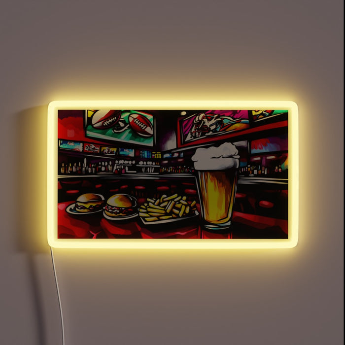 Neon sports bar decor with vibrant beer signs and food.