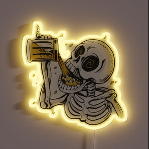 Spooky Retro Neon Sign: Artistic Skeleton Enjoying Cold Beer