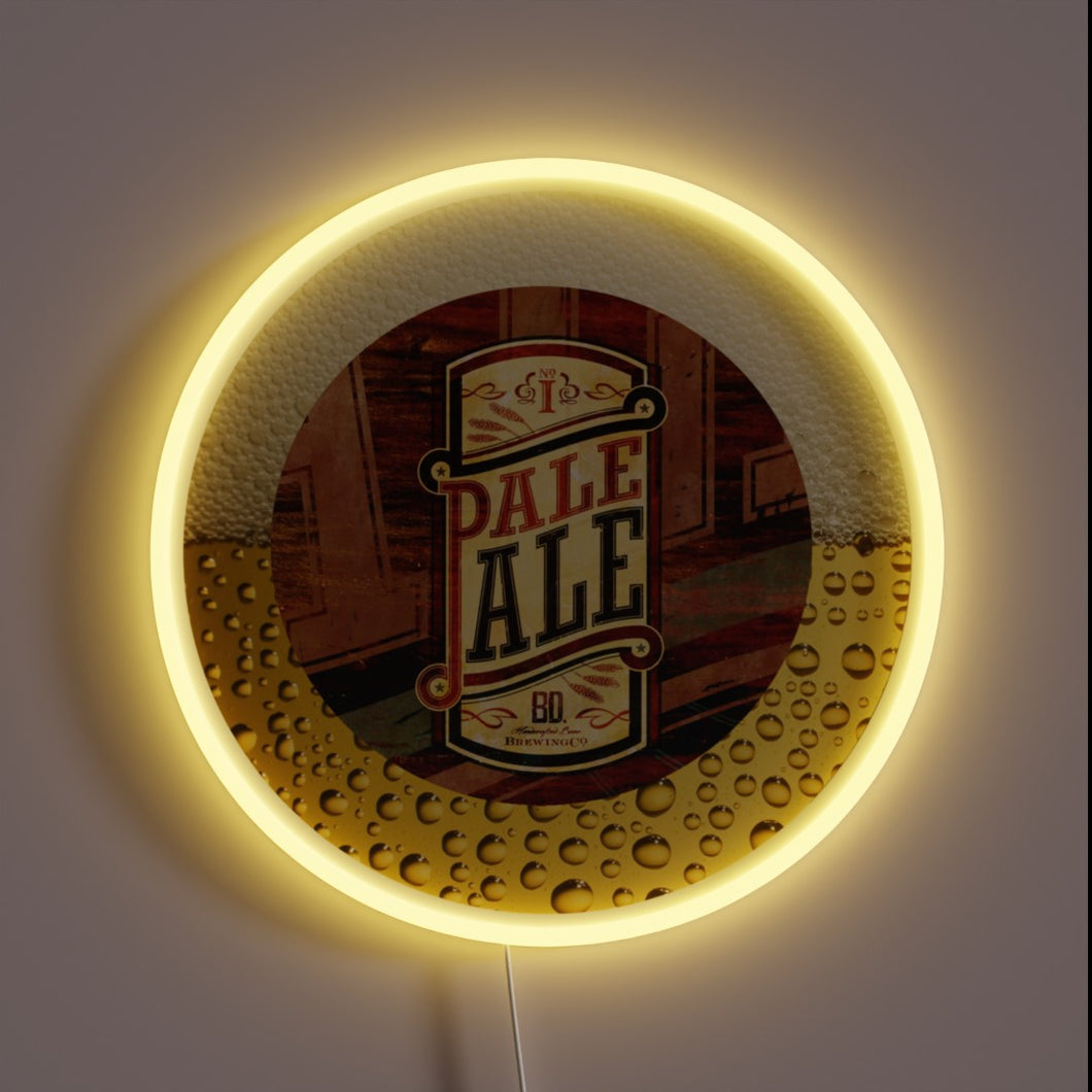 Retro Neon Sign with Vintage Beer Label Illustration in Colorful Style