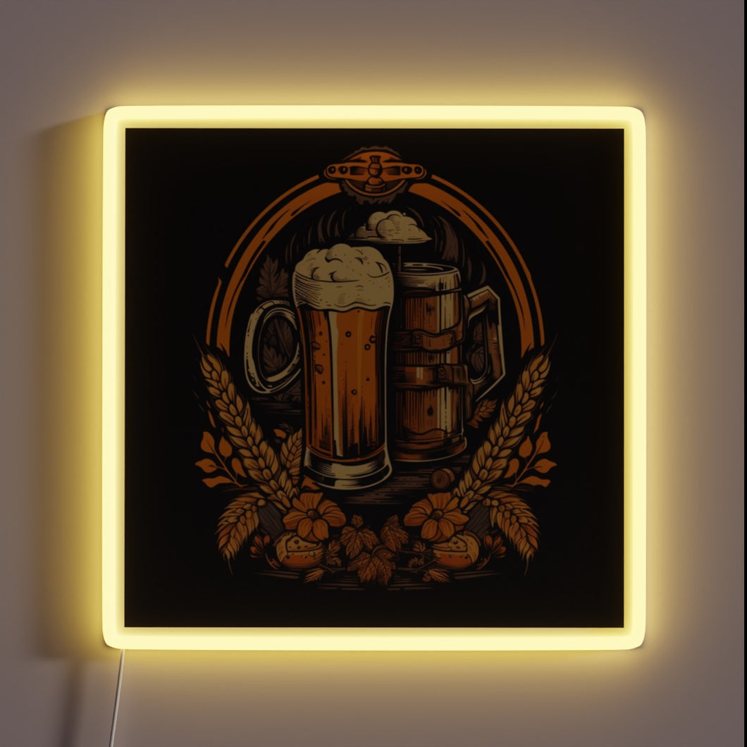 Retro bar decor with vintage beer theme neon signage.