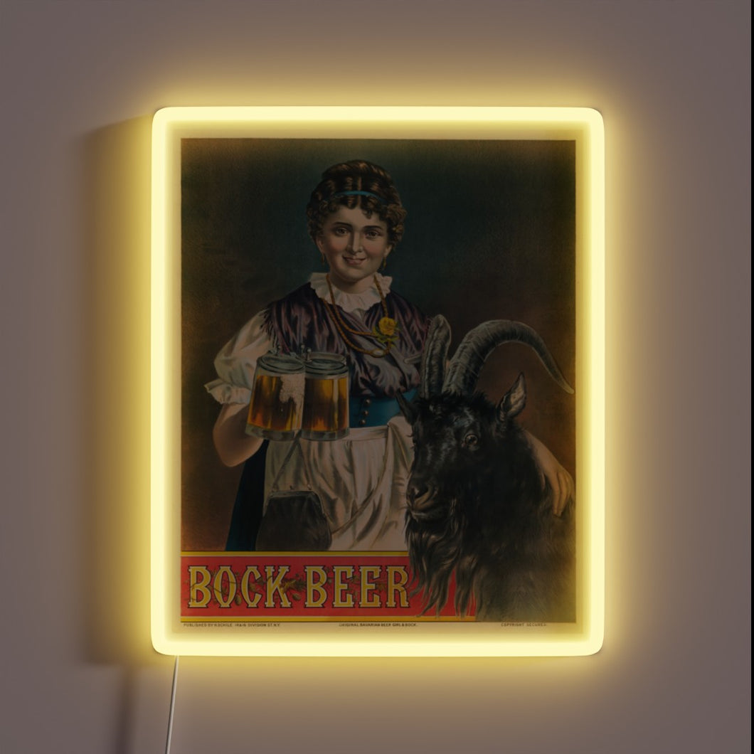 Vintage collectible poster advertisement featuring a bock beer maiden.