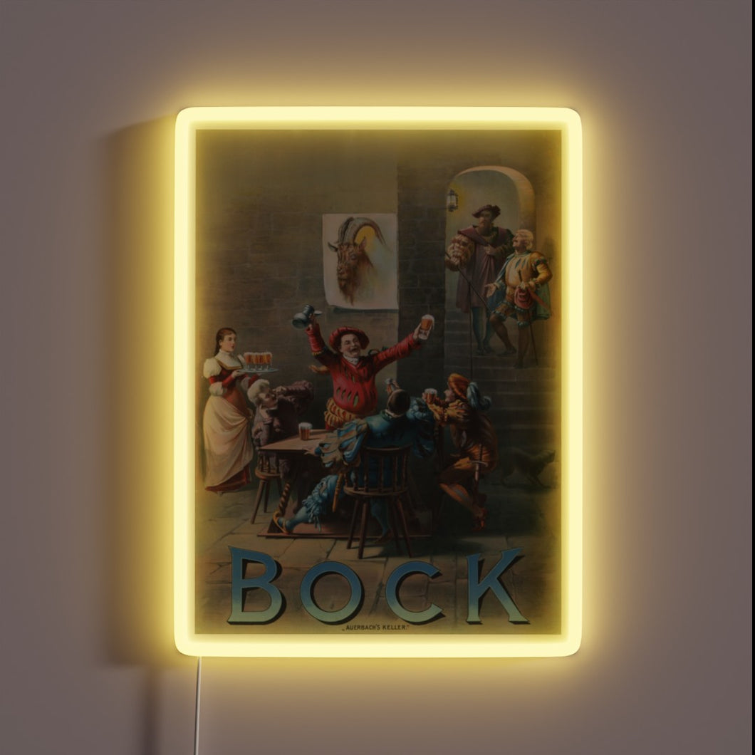 Vintage German-style Bock beer advertisement featuring traditional Bavarian aesthetic elements.