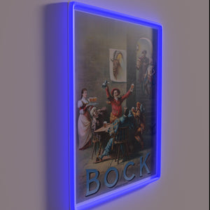 Vintage beer advertisement with distressed design and neon accents.