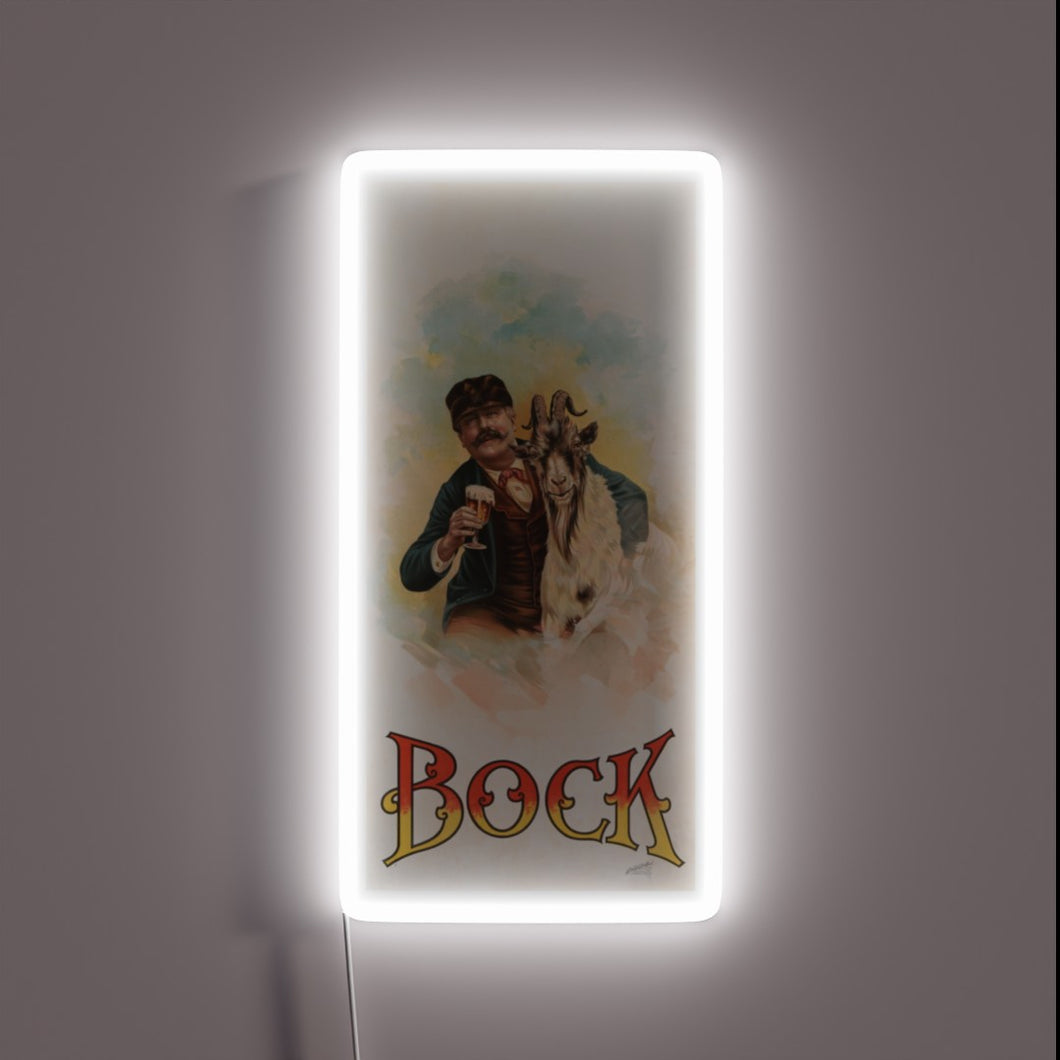 Antique Bock Beer Ad Featuring Colorful Goat Illustration and Neon.