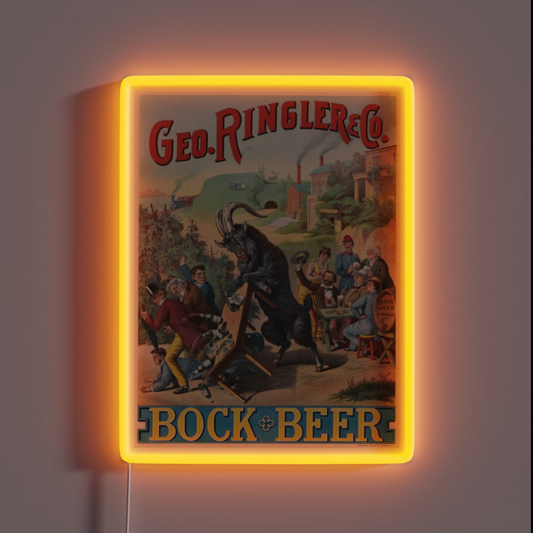 Vintage Bock Beer advertisement featuring distinctive art by German artists.