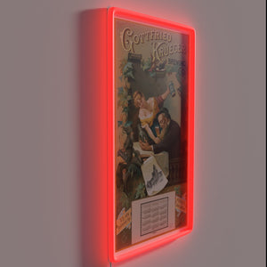 Retro style vintage beer poster advertisement lit up in color.