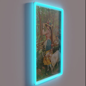 Vintage beer advertisement art reproduction with RGB neon glow effect.