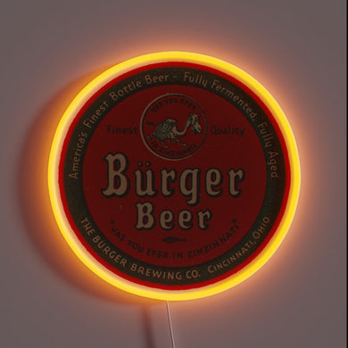 Brightly glowing vintage advertisement for The Burger Brewing Co in Cincinnati