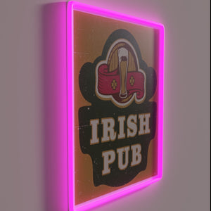 Authentic vintage-style Irish pub decor with colorful neon accents lighting.